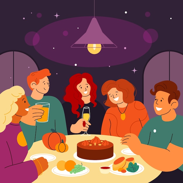 Flat friendsgiving illustration with friends having dinner at the table together