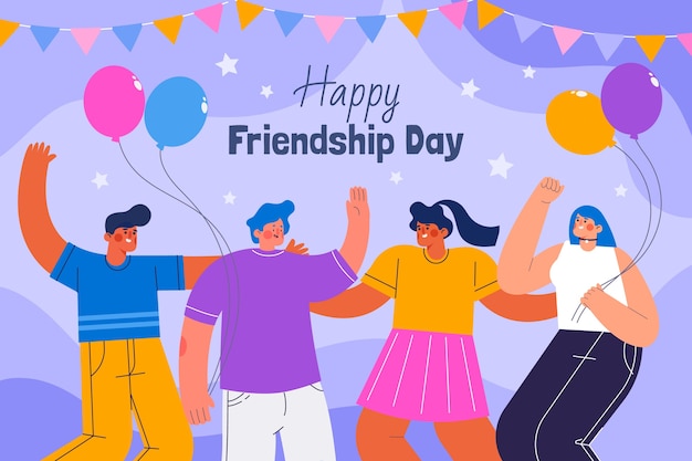 Flat friendship day background with balloons and friends