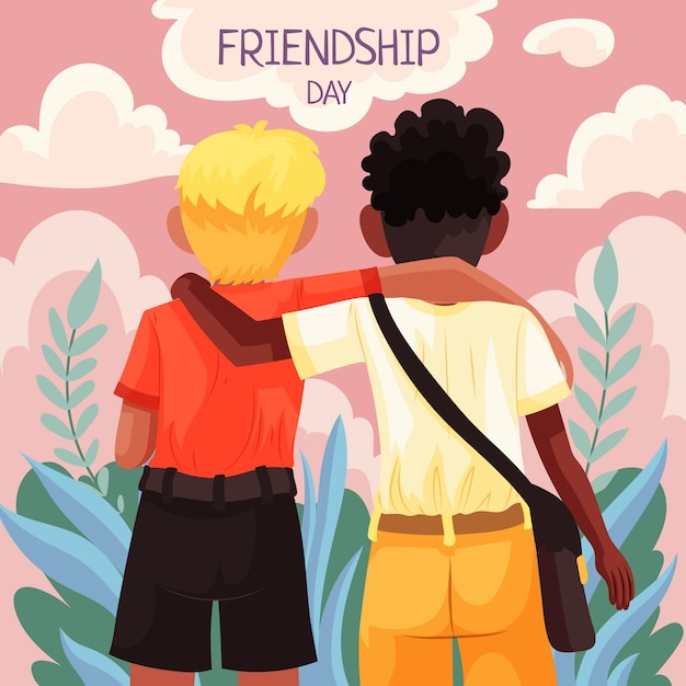 Flat friendship day illustration with embraced friends