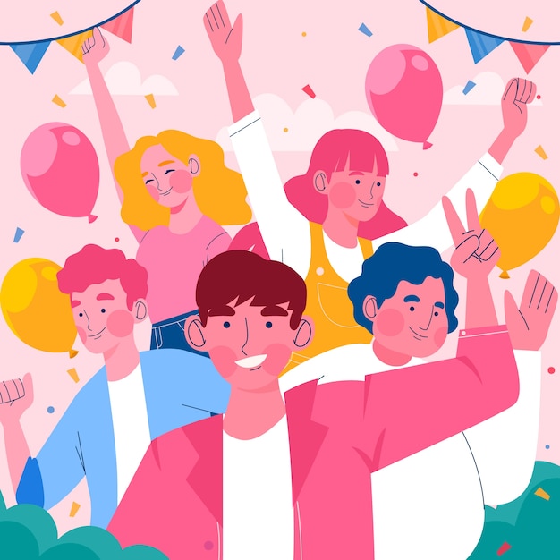 Flat friendship day illustration with friends and confetti