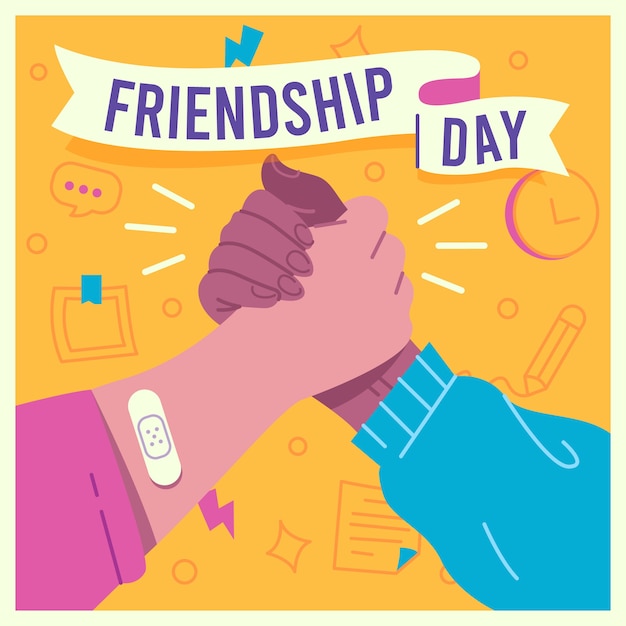 Flat friendship day illustration with friends handshaking