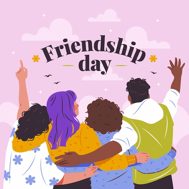 Flat friendship day illustration with friends holding each other