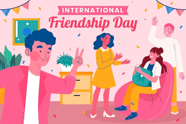 Flat friendship day illustration with group of friends celebrating at home