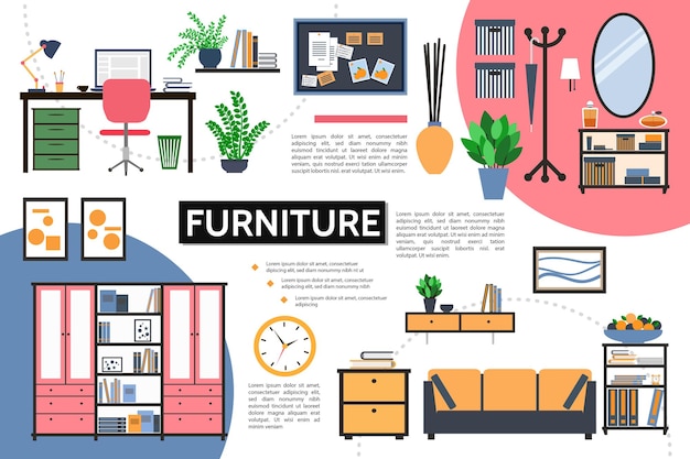 Flat furniture infographic concept with designer workplace plants cupboard pictures clock nightstands mirror