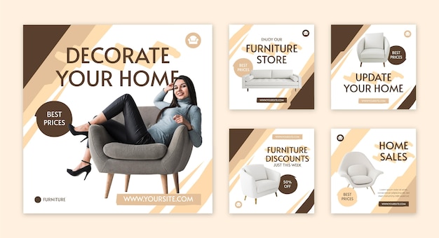 Free vector flat furniture instagram post collection