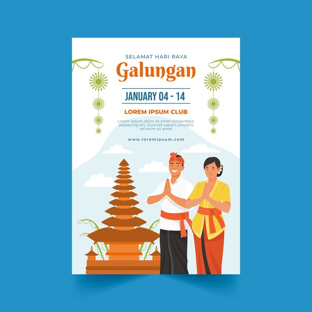 Flat galungan celebration vertical poster template