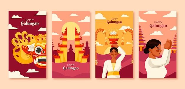 Free Vector flat galungan instagram stories collection