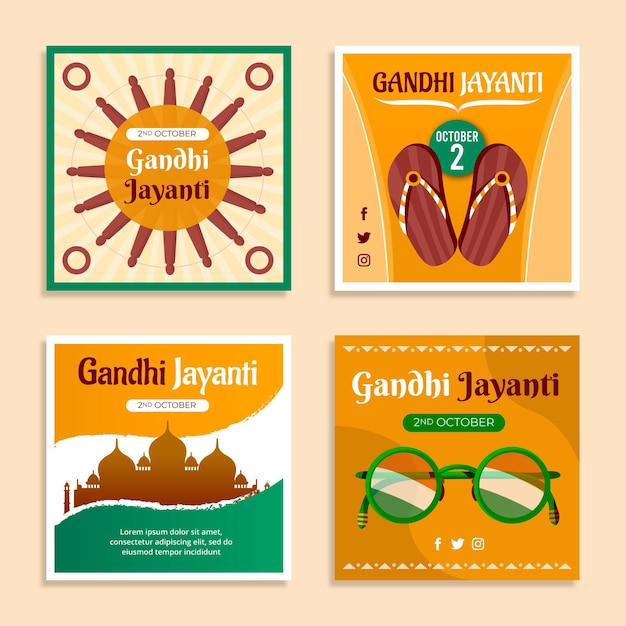 Free Vector flat gandhi jayanti instagram posts collection