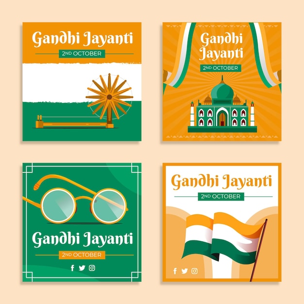 Free Vector flat gandhi jayanti instagram posts collection