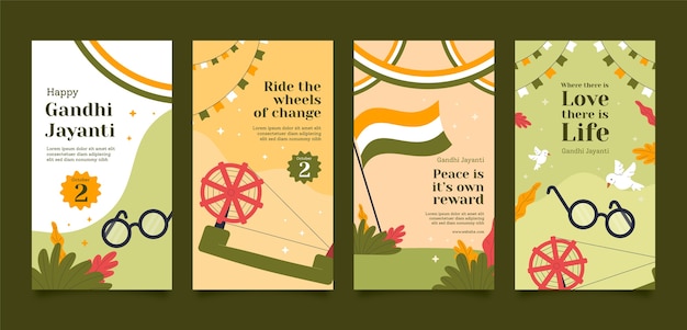 Free vector flat gandhi jayanti instagram stories collection