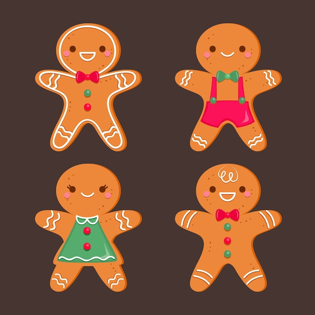 Flat gingerbread man cookie collection on dark background