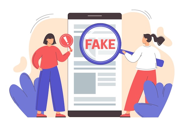 Free Vector flat girl with magnifying glass scanning and check news on smartphone. spreading fake news concept. hoax on the internet and social media. untruth information spread.