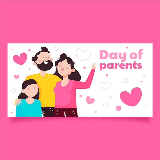 Flat global day of parents horizontal banner template with happy family and child