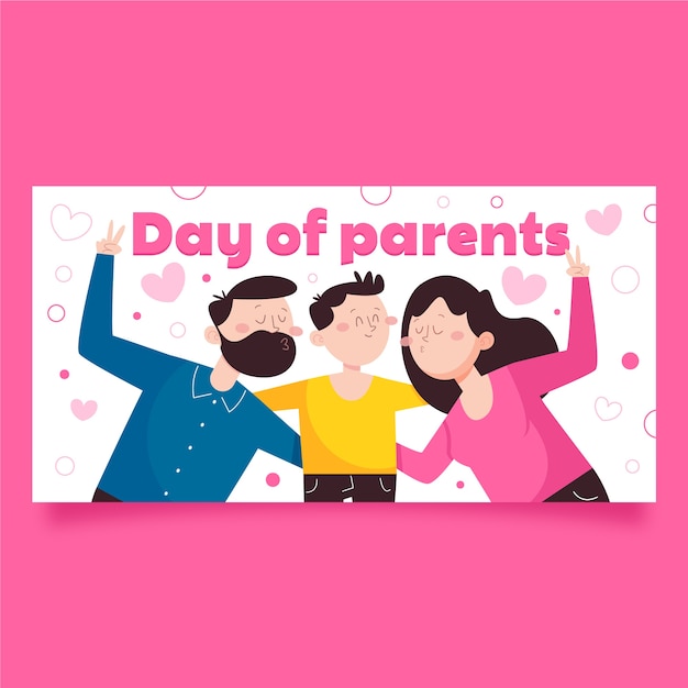 Flat global day of parents horizontal banner template with happy family and child