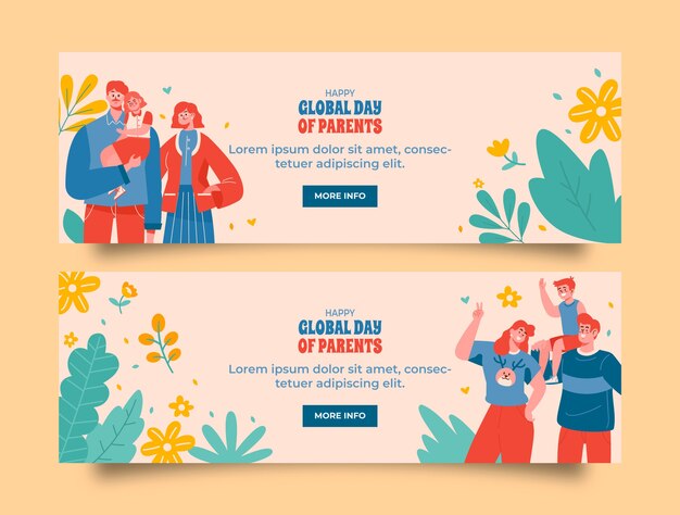 Flat global day of parents horizontal banners collection