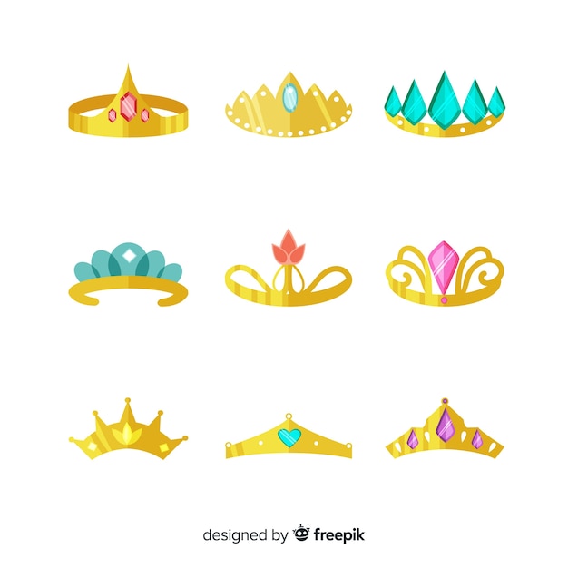 Free vector flat golden princess tiara collection