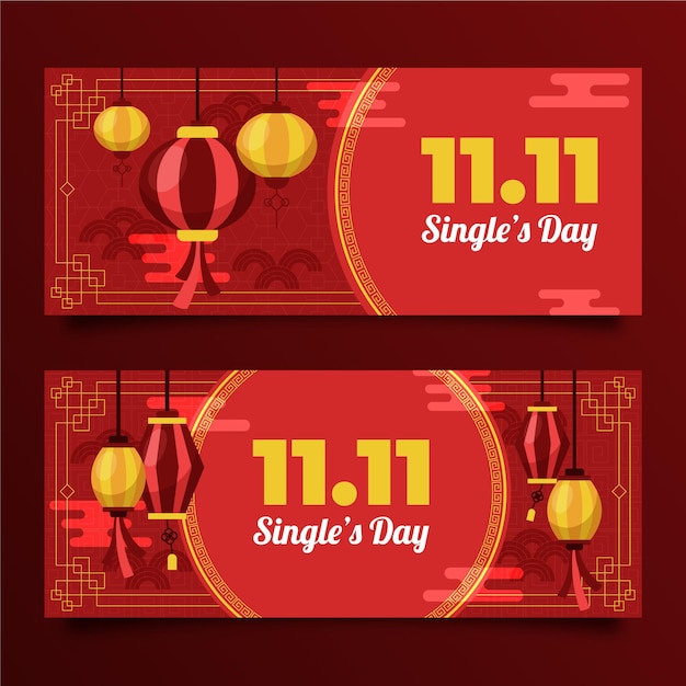 Flat golden and red single's day horizontal banners set