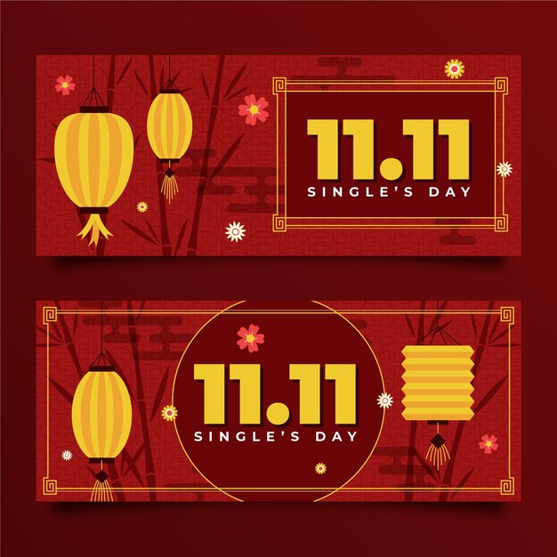 Flat golden and red single's day horizontal banners set