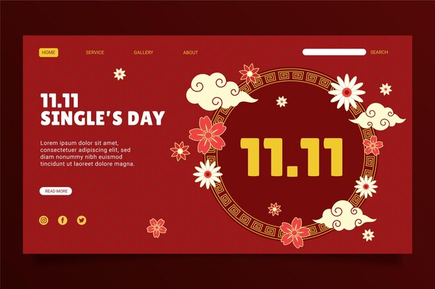 Flat golden and red single's day landing page template