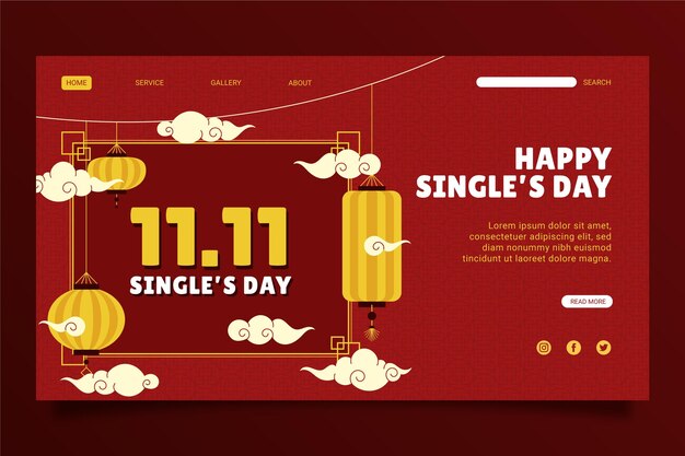 Flat golden and red single's day landing page template