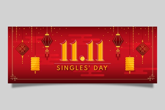 Flat golden and red single's day social media cover template