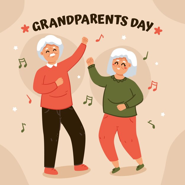 Flat grandparents day illustration with older couple dancing to music