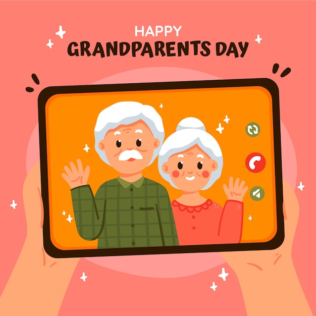 Flat grandparents day illustration with older couple waving in frame