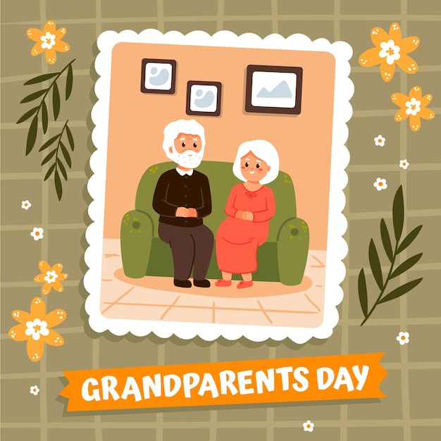 Flat grandparents day illustration with photo of older couple