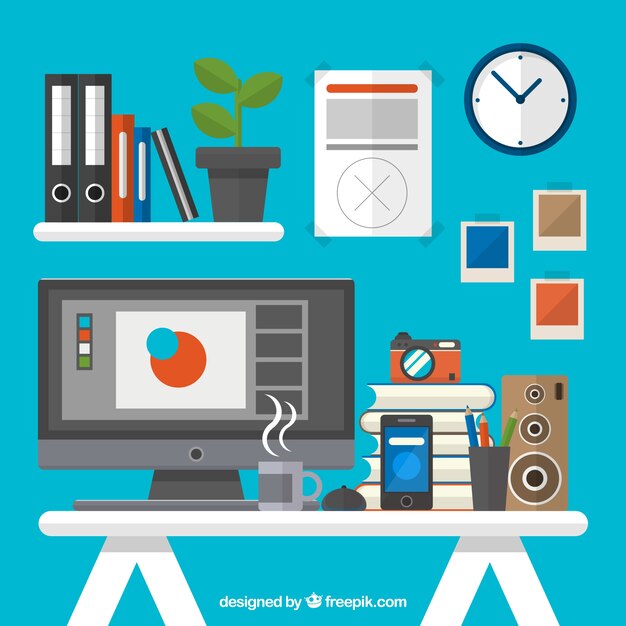 Flat graphic designer workplace