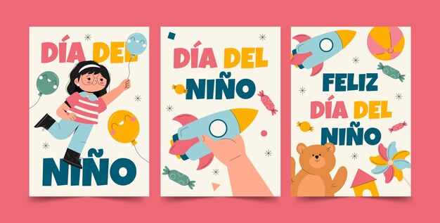 Flat greeting cards collection for children's day celebration in spanish