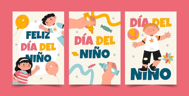 Flat greeting cards collection for children's day celebration in spanish