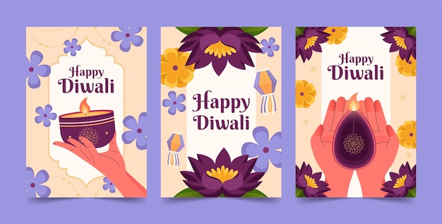 Free Vector flat greeting cards collection for diwali festival celebration