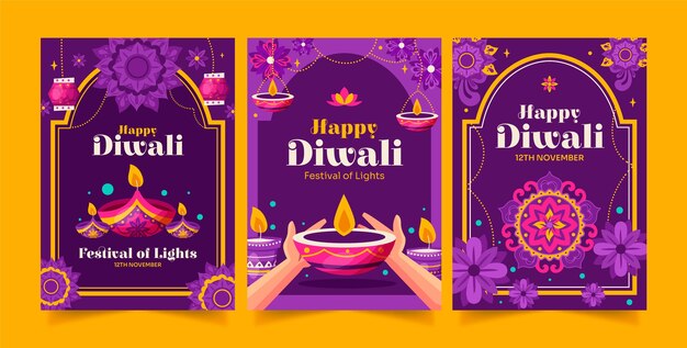 Flat greeting cards collection for diwali festival celebration