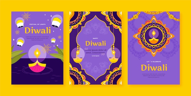 Free vector flat greeting cards collection for diwali hindu festival celebration