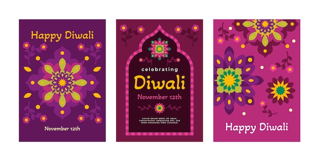 Free Vector flat greeting cards collection for hindu diwali festival celebration