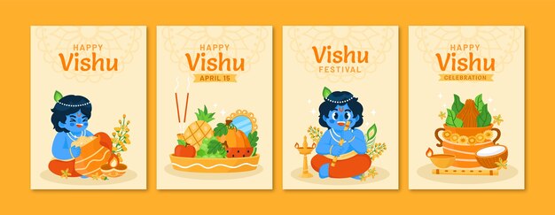 Flat greeting cards collection for hindu vishu festival celebration