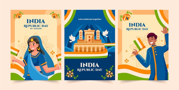 Free vector flat greeting cards collection for indian republic day celebration