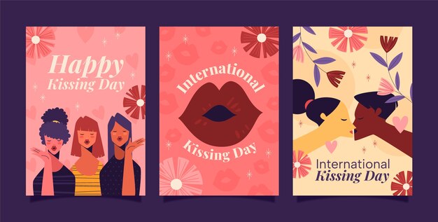 Flat greeting cards collection for international kissing day celebration