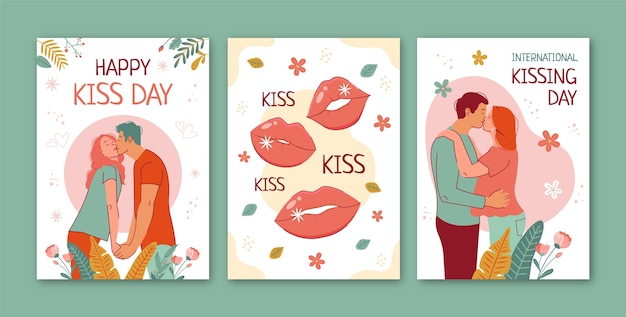 Free Vector flat greeting cards collection for international kissing day celebration