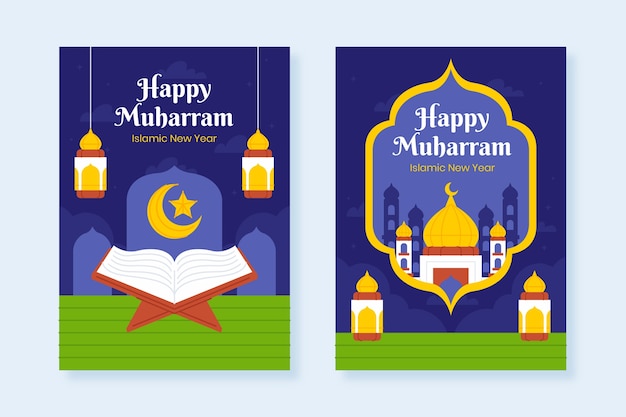 Flat greeting cards collection for islamic new year celebration