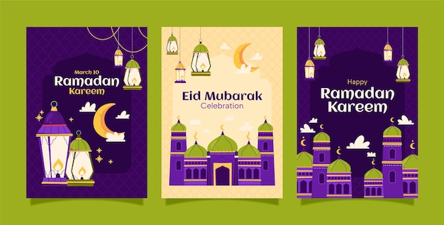 Flat greeting cards collection for islamic ramadan celebration