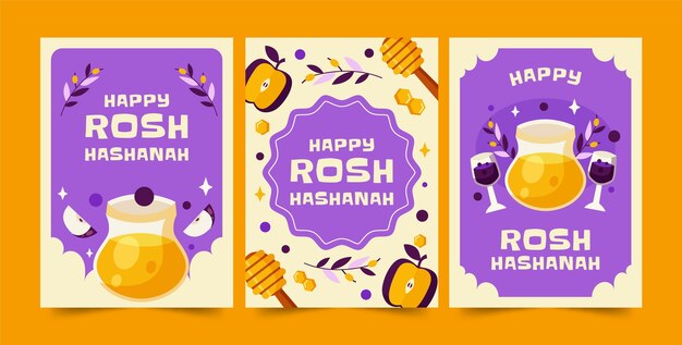 Flat greeting cards collection for jewish new year rosh hashanah celebration