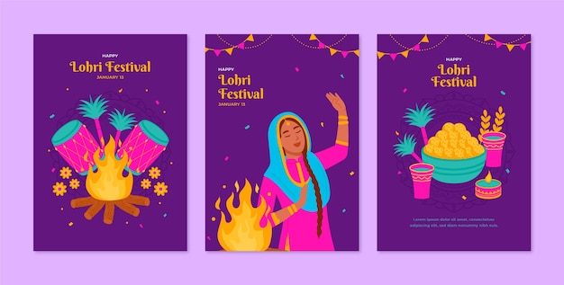 Free vector flat greeting cards collection for lohri festival celebration