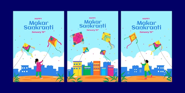 Free Vector flat greeting cards collection for makar sankranti festival