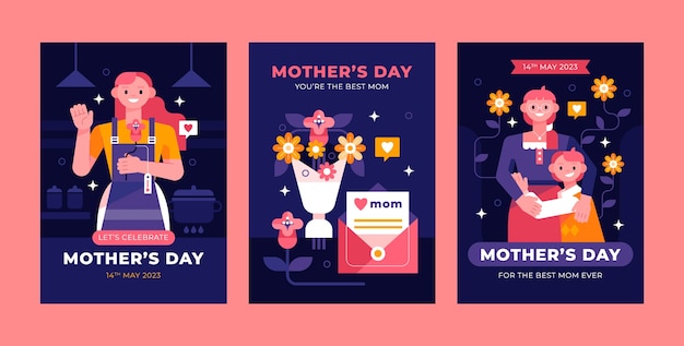 Free Vector flat greeting cards collection for mother's day celebration