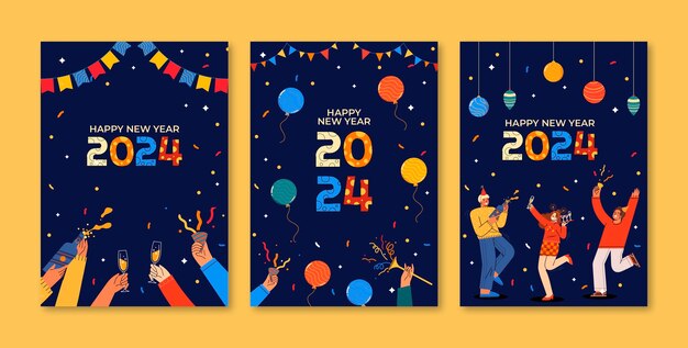 Flat greeting cards collection for new year 2024 celebration