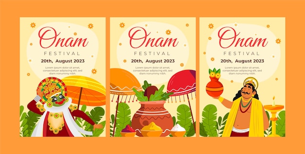 Free Vector flat greeting cards collection for onam festival celebration