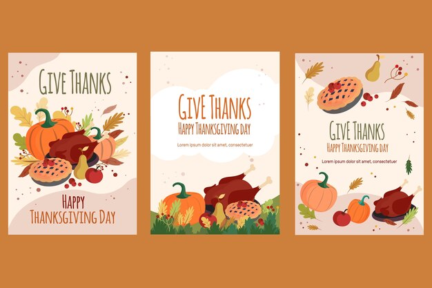 Flat greeting cards collection for thanksgiving day celebration