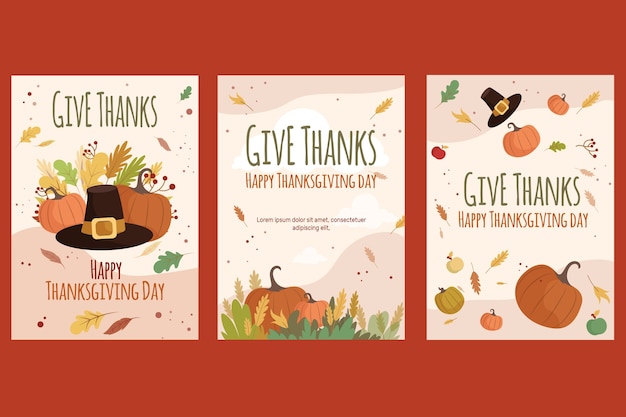 Flat greeting cards collection for thanksgiving day celebration