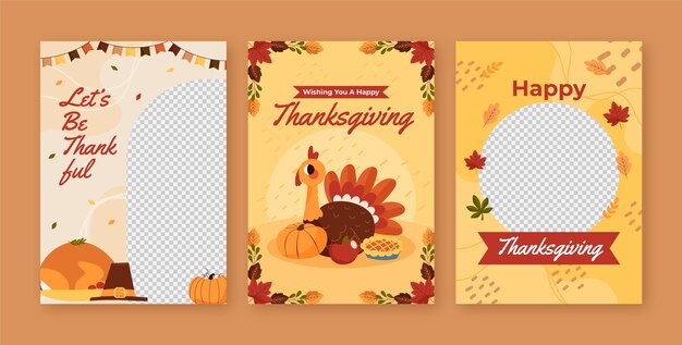 Flat greeting cards collection for thanksgiving with turkey and bunting